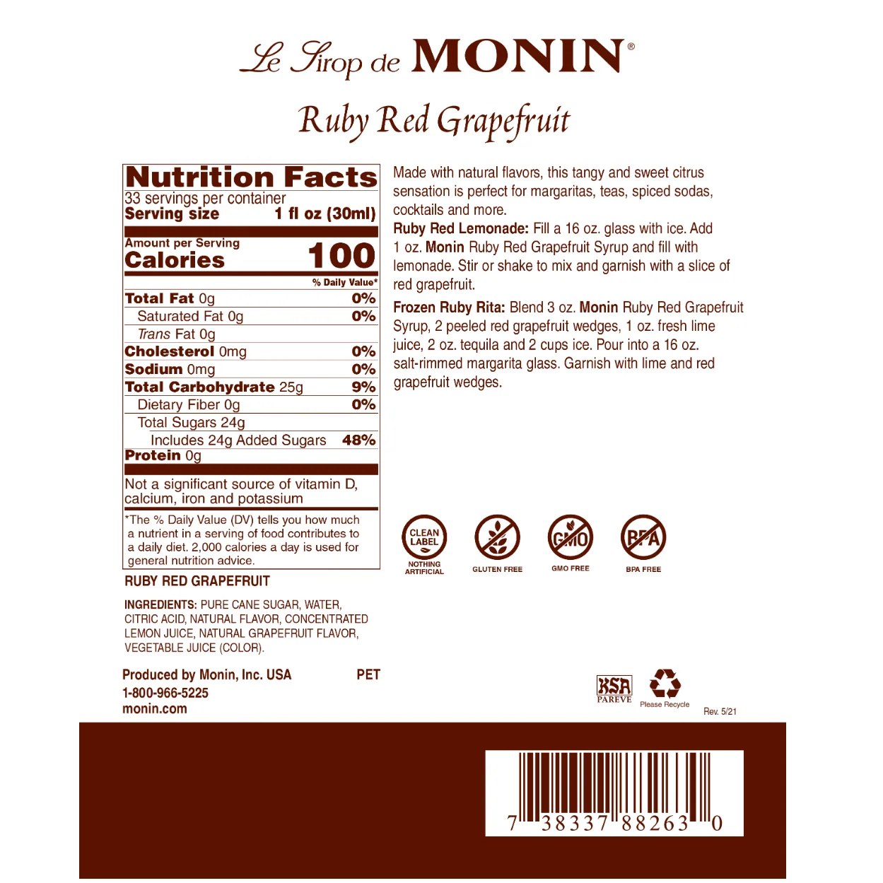 Monin Ruby Red Grapefruit Syrup - Image 2